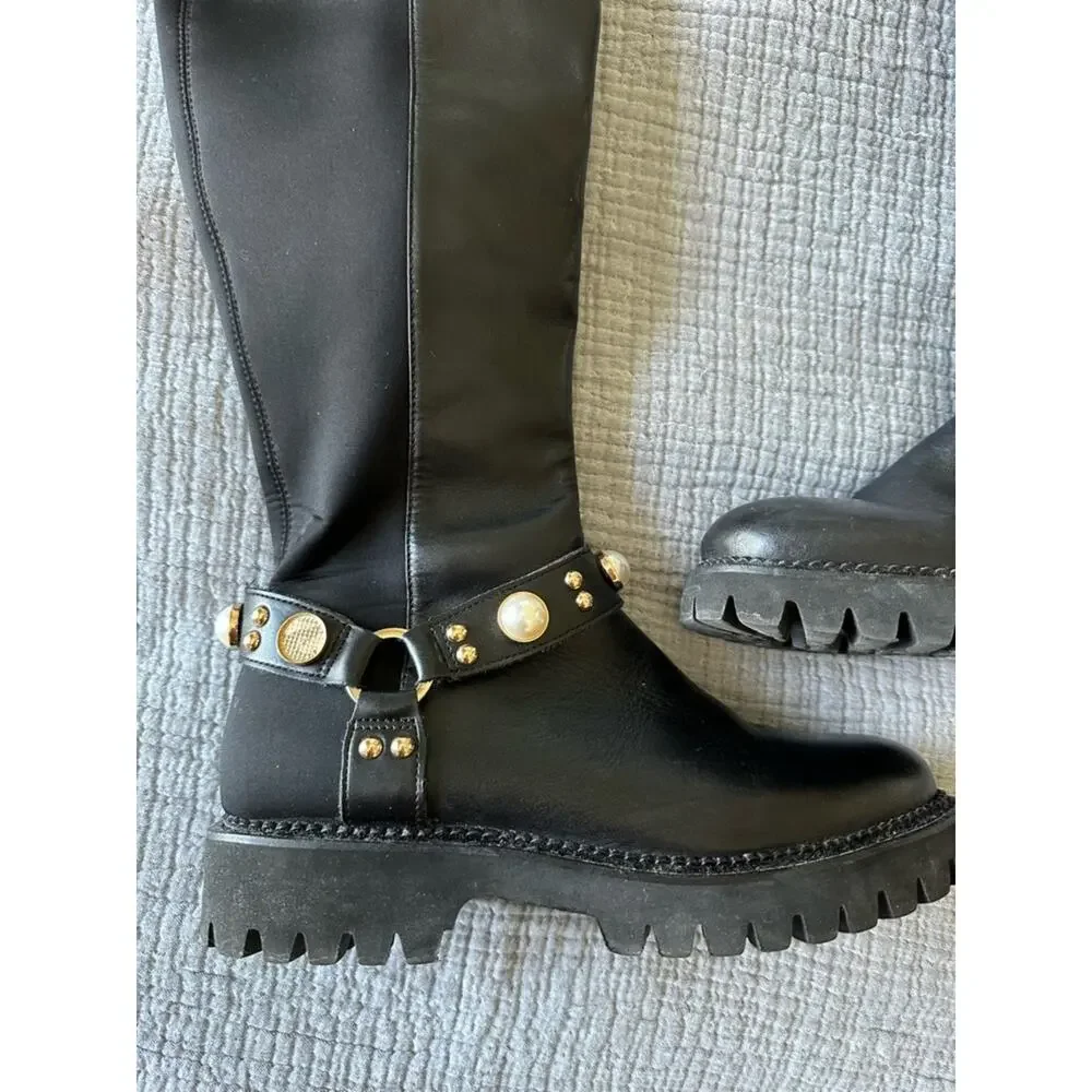 Karl Lagerfeld Paris Knee High Boots Black Leather Studded Pearl Womens 7.5 Lug